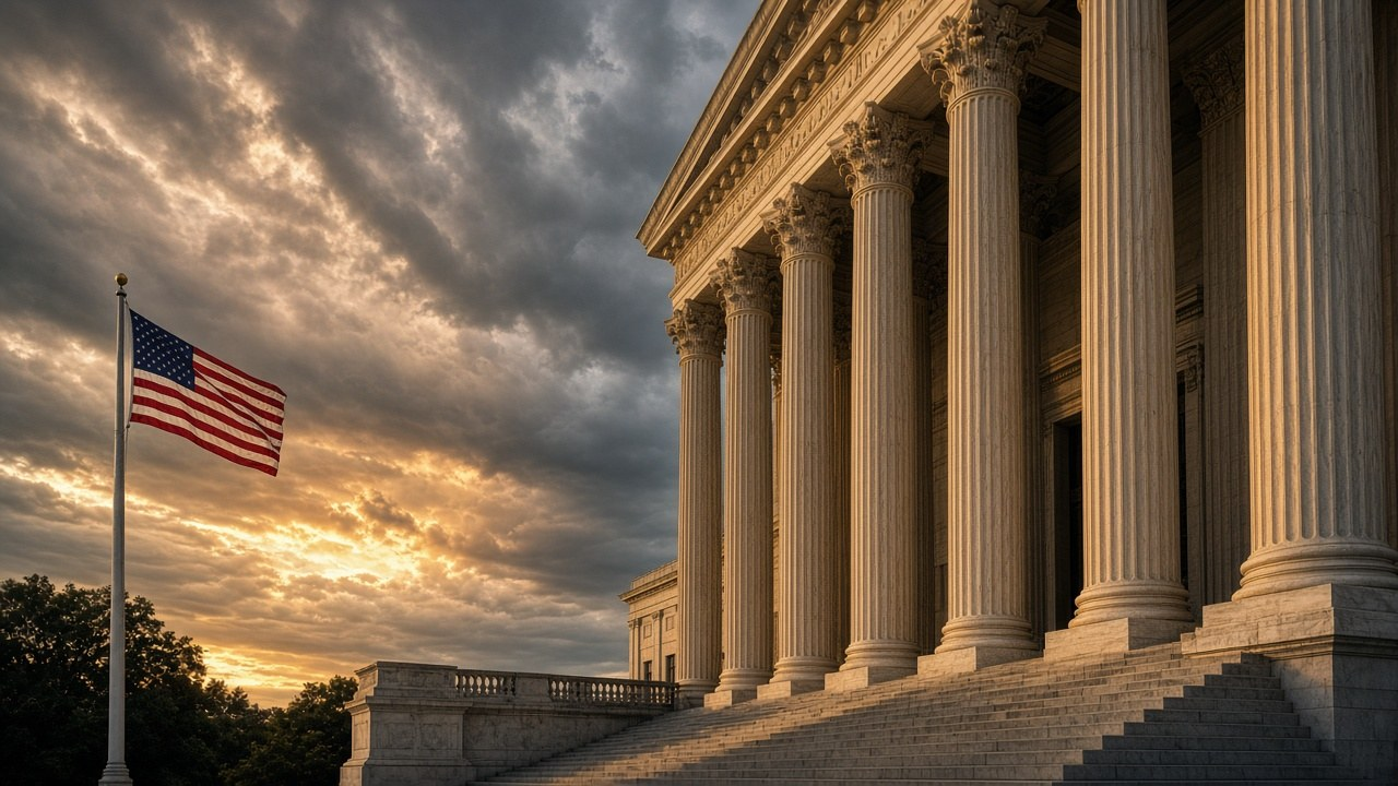 Administrative closure ruling: the U.S. Supreme Court building's marble columns and steps at sunset beside an American flag