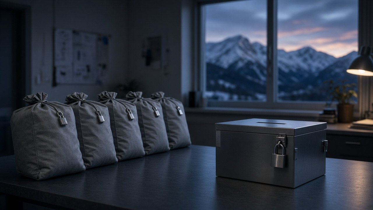Sealed gray ballot bags with padlocks beside a locked metal ballot box, snowy Alaska mountains at dusk through the window, illustrating Alaska Senate ballots