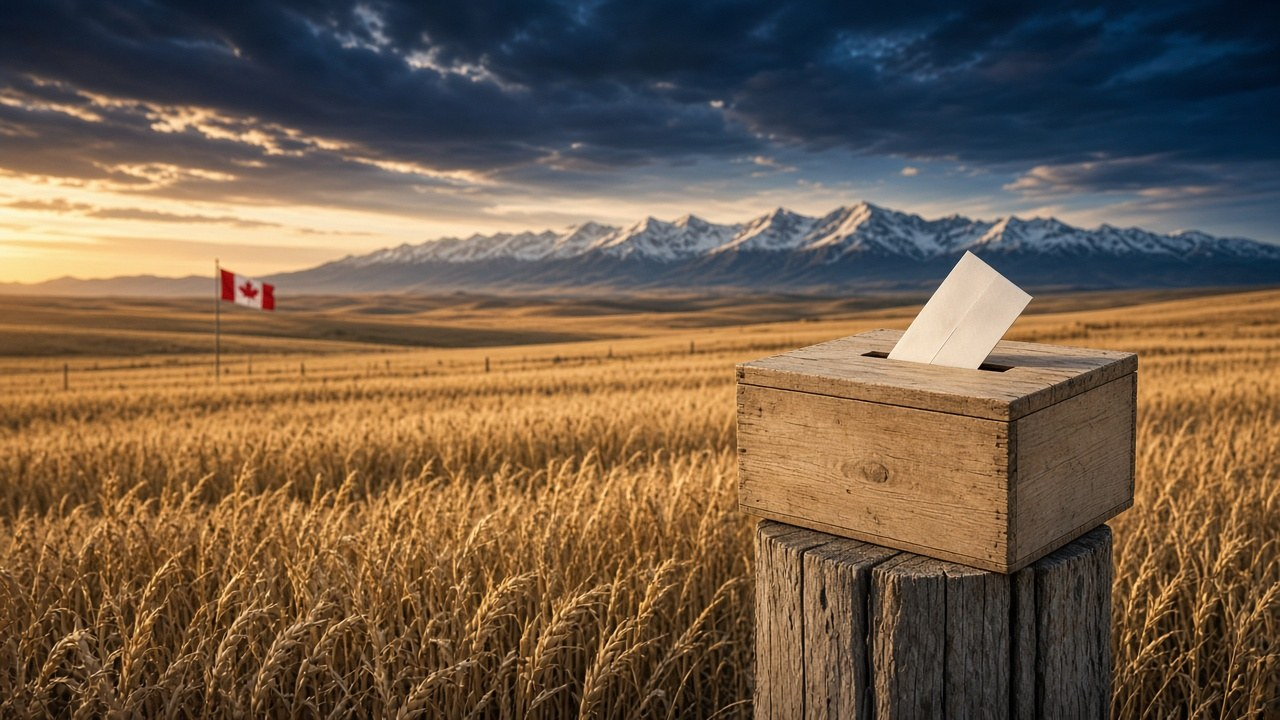 Alberta referendum: a wooden ballot box on a prairie fence post with the Rocky Mountains and a Canadian flag in the distance at golden hour