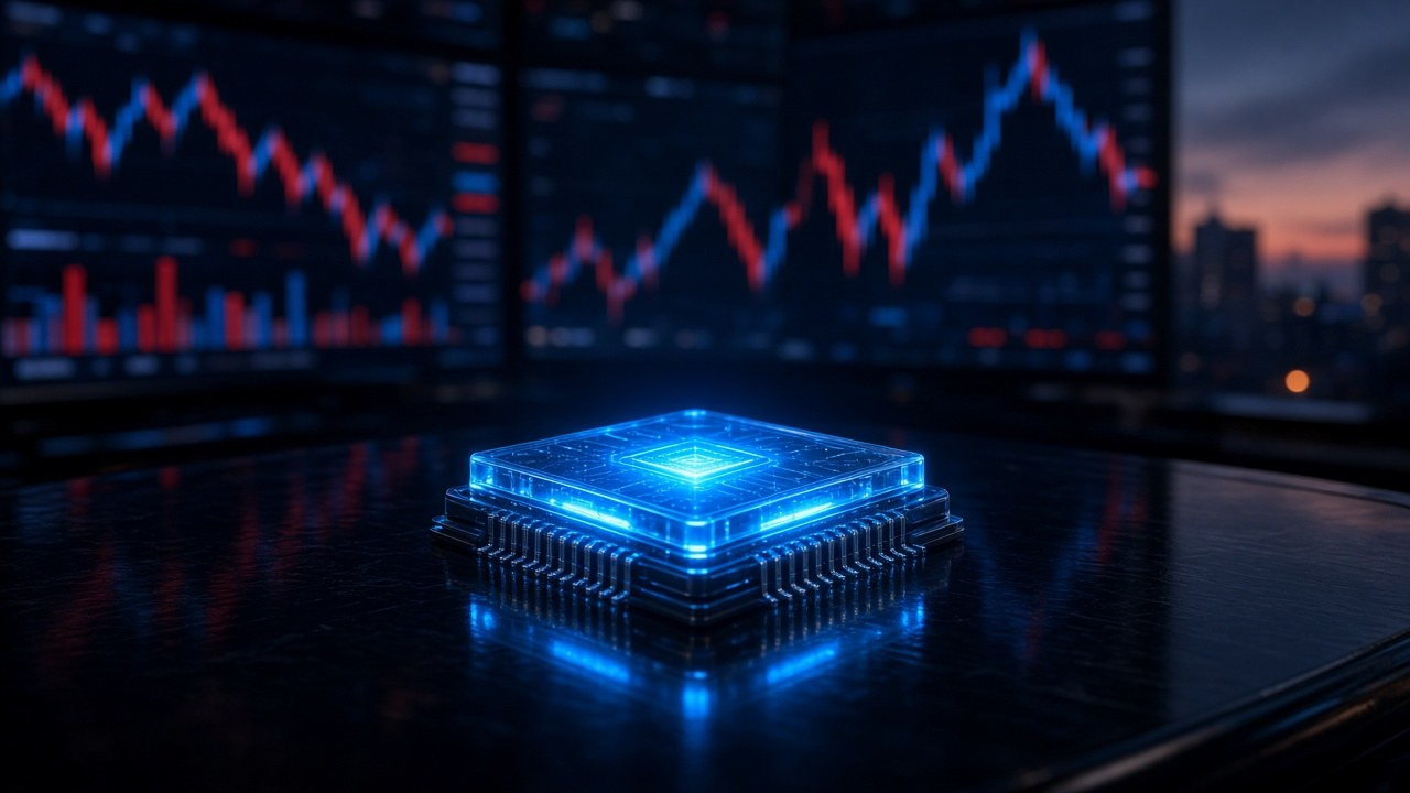 Anthropic IPO: a glowing AI microchip on a trading desk in front of blurred stock market screens in navy and red light