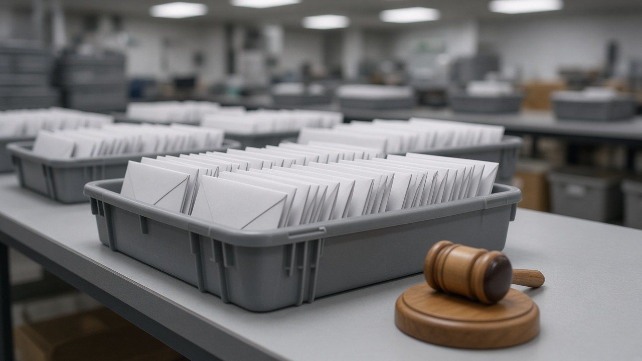 Trays of sealed mail-in ballot envelopes at a county processing center with a wooden gavel, illustrating the fight over ballot segregation