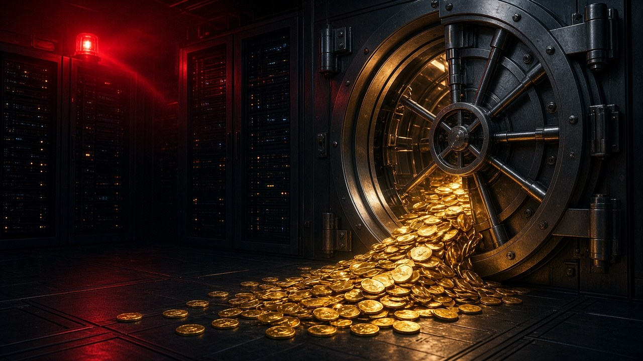 Open digital vault leaking glowing crypto coins into the night, illustrating the $6.3 billion Binance hack