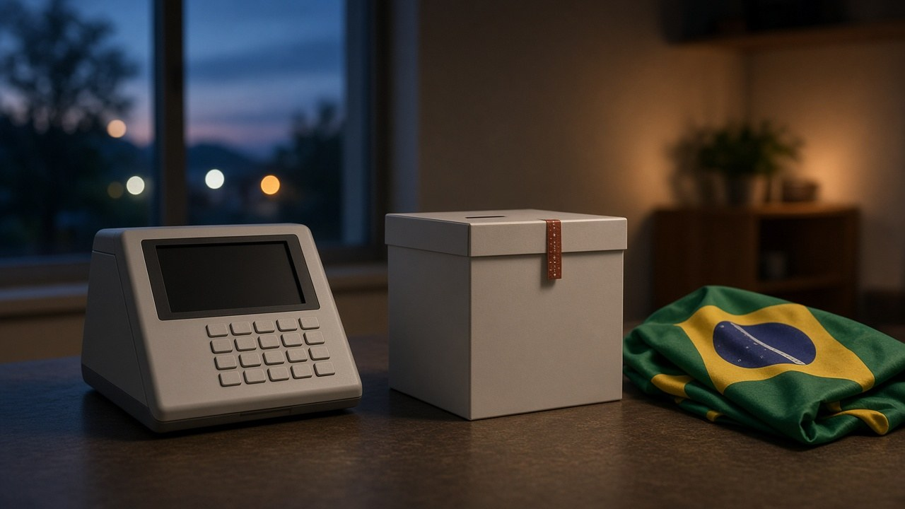 Brazil election results: an electronic voting machine and ballot box beside a folded green and yellow Brazilian flag on a polling-station table at dusk