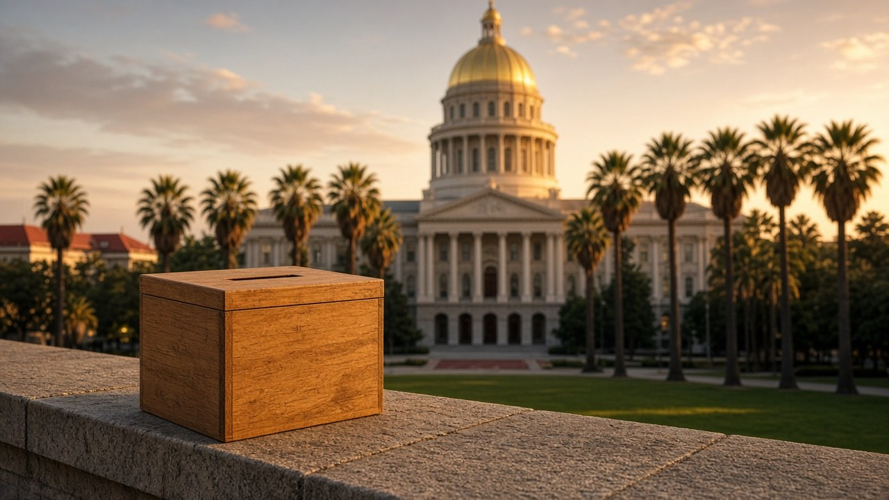 California billionaire tax: the gold-domed California State Capitol in Sacramento at golden hour with an empty ballot box in the foreground