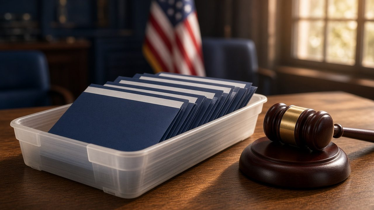 Tray of sealed mail-in ballot envelopes beside a judge's gavel and American flag, illustrating the California election subpoenas