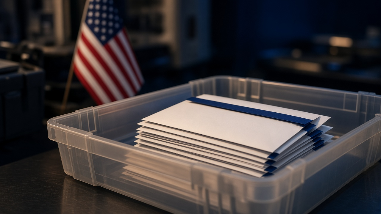 California noncitizen ballots dispute: blank mail ballot envelopes stacked in a clear sorting tray beside an American flag