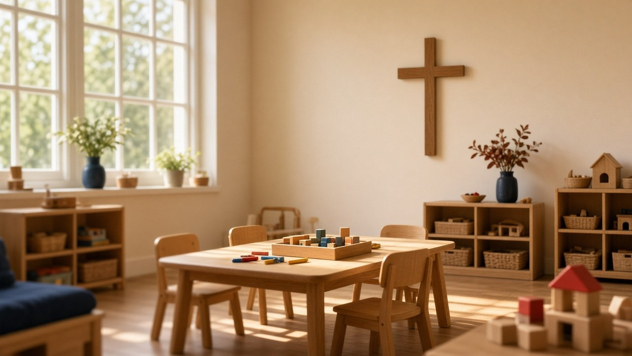 Catholic preschools case: an empty preschool classroom with small wooden chairs, crayons, and a simple wooden cross on the wall in morning light