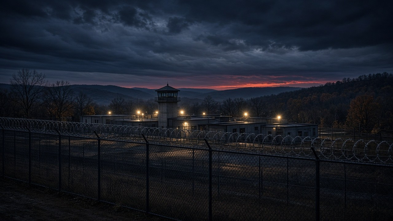 Fenced prison complex under a stormy dusk sky in Tennessee, illustrating the failed Christa Pike execution and the state review
