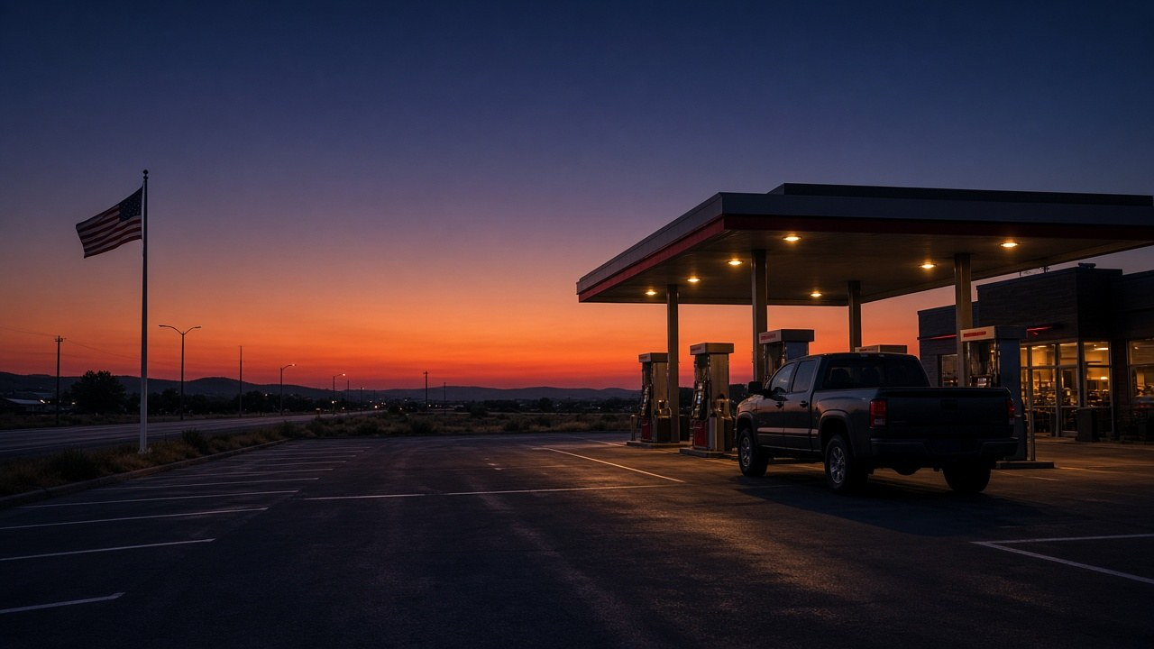 Small-town gas station at dawn under an American flag, illustrating the October consumer confidence rebound as gas prices eased