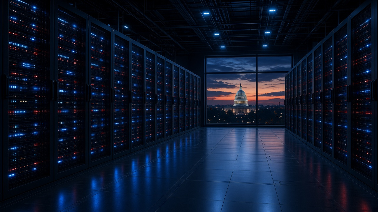 Data center tax concept: rows of glowing server racks in a vast data center hall with the U.S. Capitol dome visible at dusk