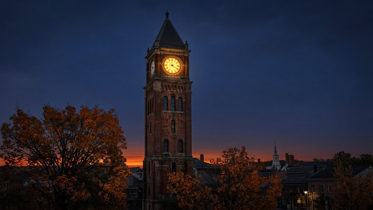 Old clock tower against a navy dusk sky with autumn trees, illustrating daylight saving time ending as clocks fall back
