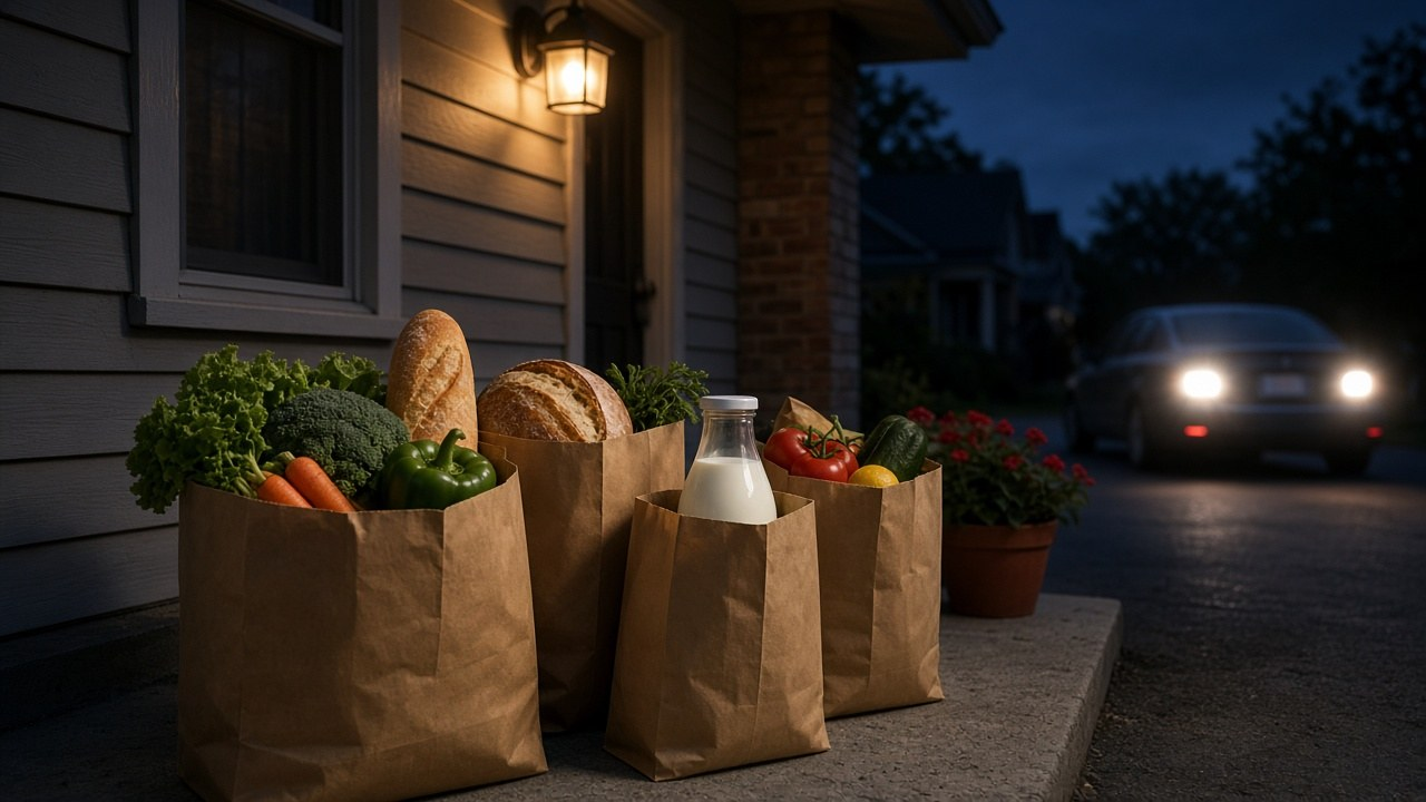 Grocery delivery bags on a front porch at dusk, illustrating the $17 billion DoorDash Instacart deal and what it means for shoppers