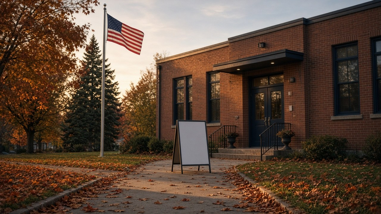 Small-town polling place under an American flag in autumn as early voting in the 2026 midterms passes 36 million ballots