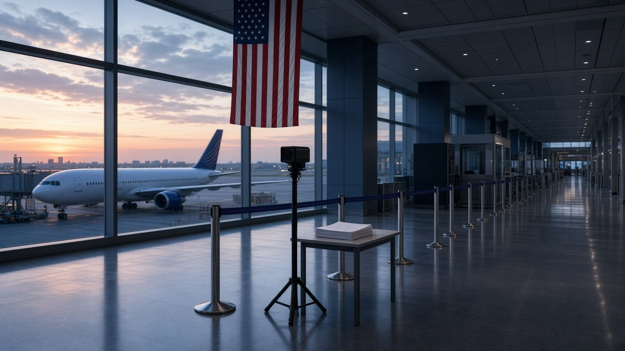 Ebola travel restrictions concept: an empty U.S. airport arrivals hall with a health screening checkpoint, an American flag, and a jet at the gate at dawn