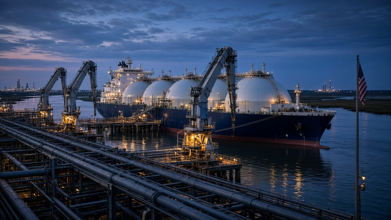 European gas prices: an LNG tanker docked at a US Gulf Coast export terminal at dusk