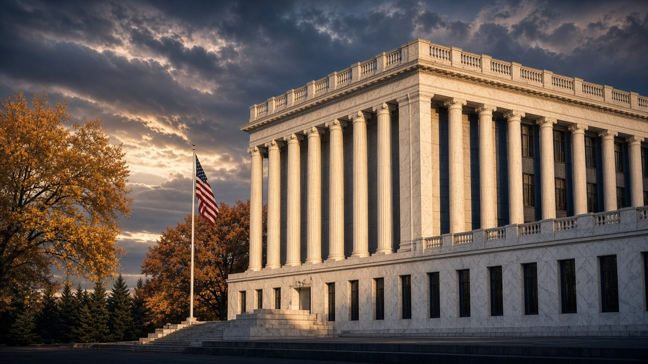 Federal Reserve marble building in Washington under an American flag as the Fed holds rates at 3.75% to 4% before the midterms