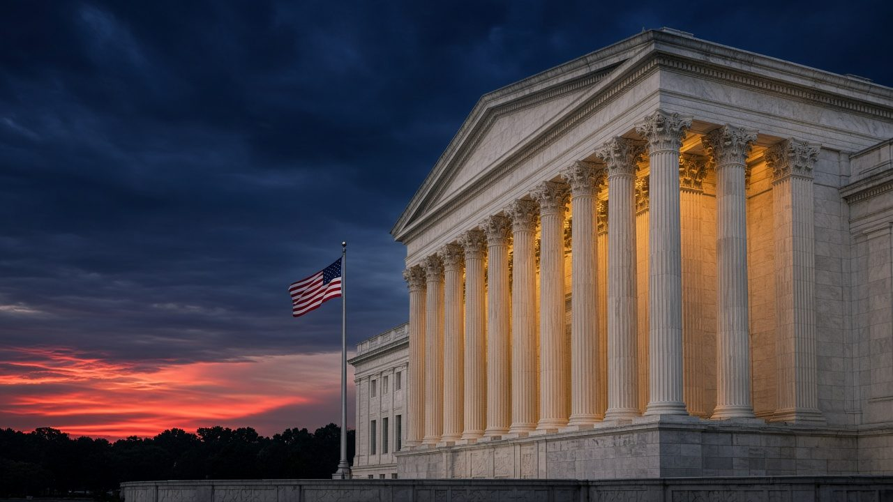 Fed rate decision: a marble-columned federal building in Washington lit at dusk beside an American flag under a navy and red sky