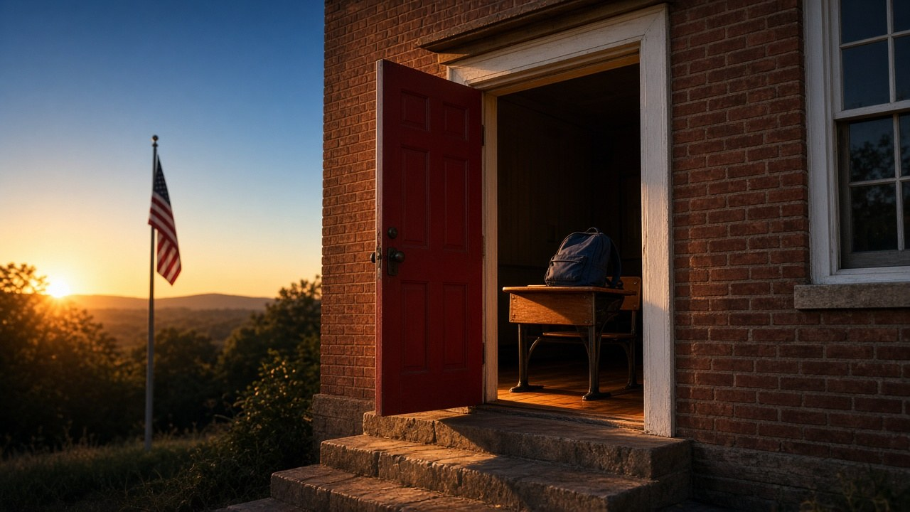 Federal school choice: an open schoolhouse door and an empty student desk with a backpack in warm morning light