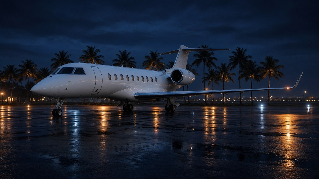 A private jet parked on a wet South Florida tarmac at night with palm trees, illustrating Flávio Bolsonaro's arrival in the US