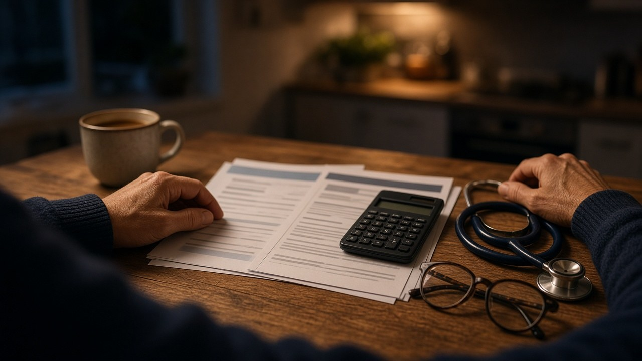 Health insurance premiums squeezing a family budget: a medical insurance statement, pay stub, calculator and stethoscope on a kitchen table