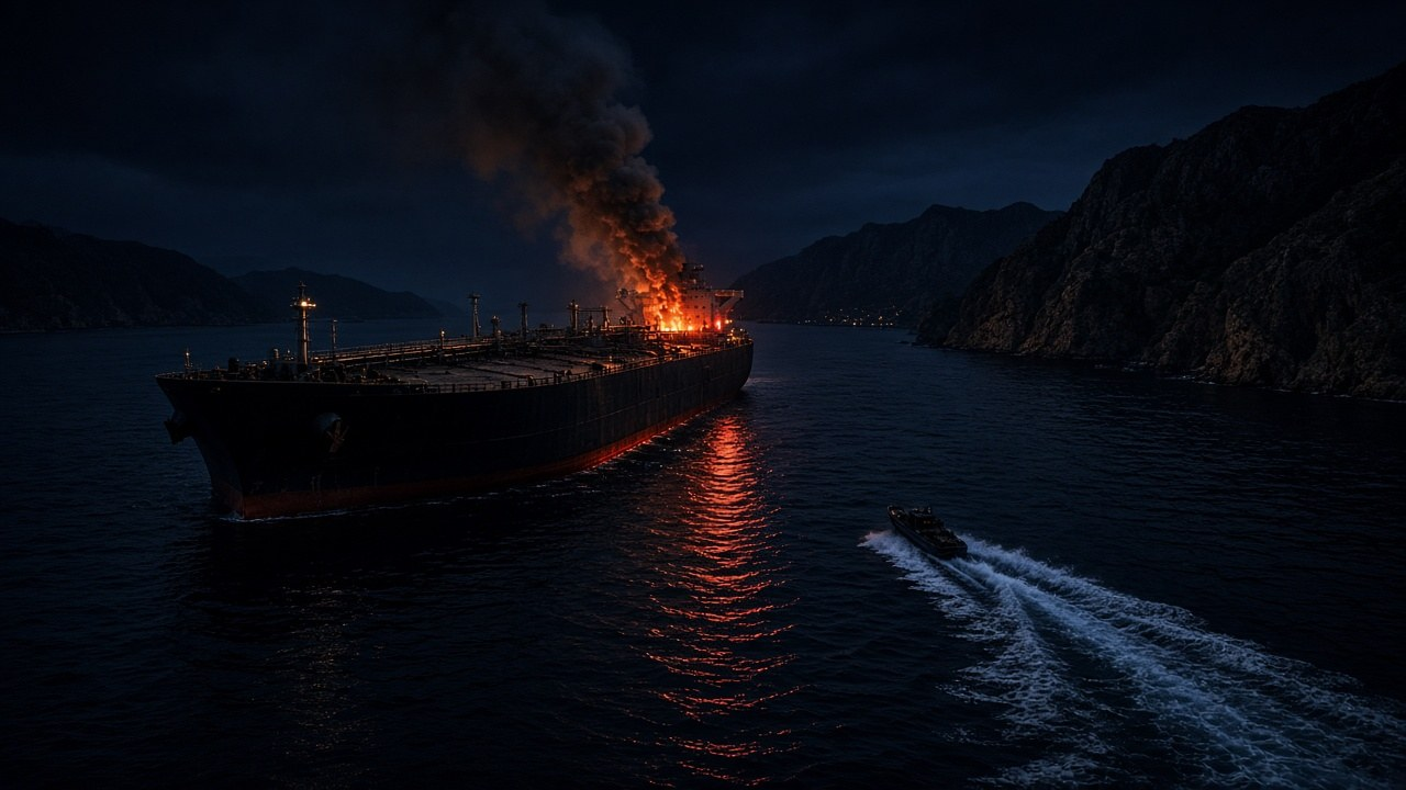 Oil tanker with smoke rising from its stern at night in a narrow strait, illustrating the Hormuz tanker attack