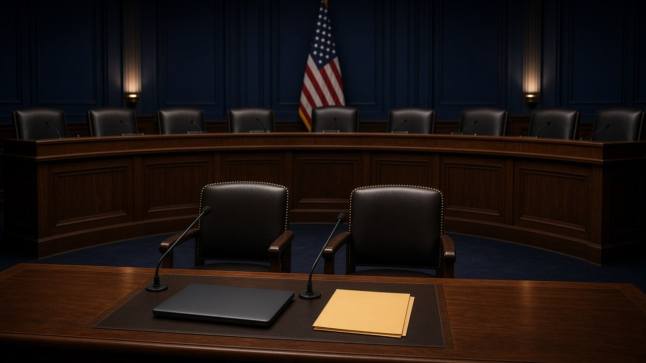 Hunter Biden laptop case: an empty congressional hearing room with a witness table, two microphones, a closed laptop and a manila folder