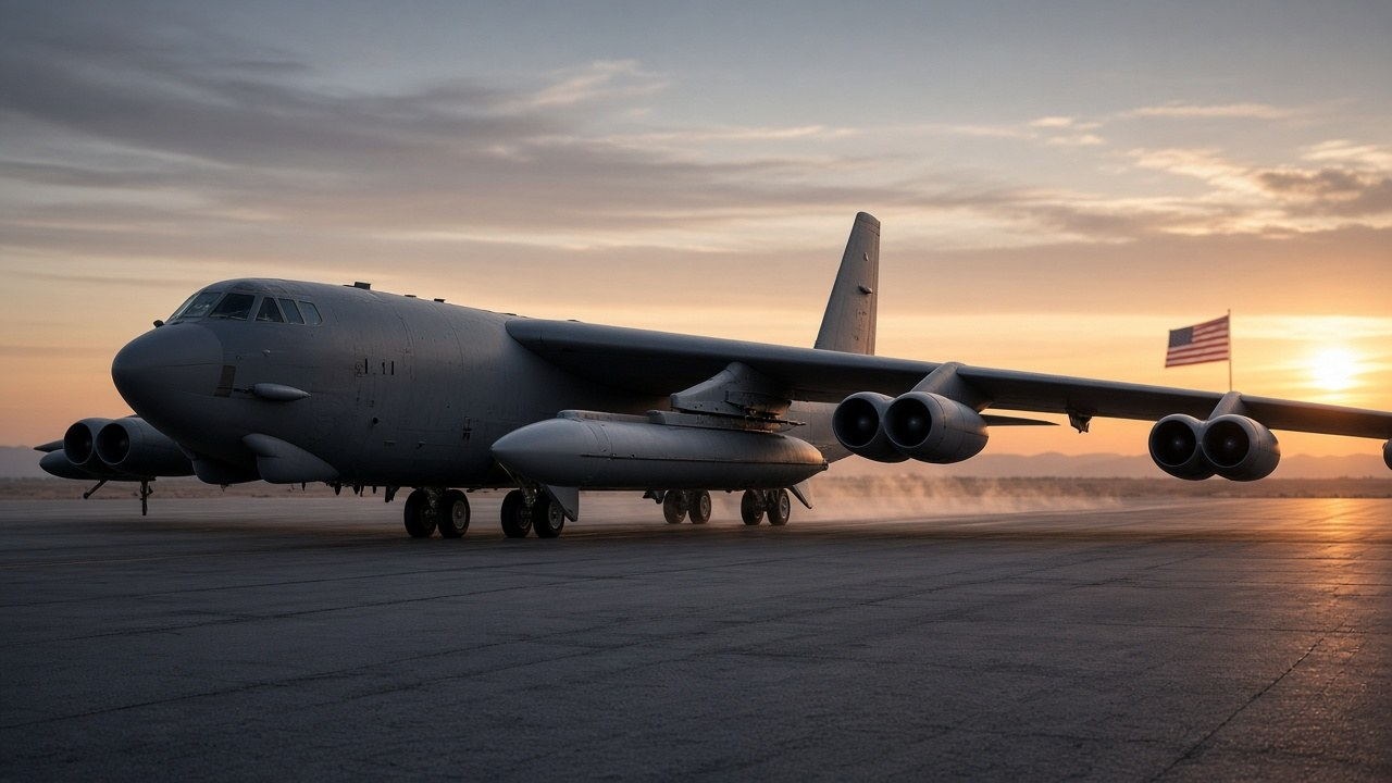 Hypersonic missile under the wing of a long-range bomber on an Air Force flight line at dawn