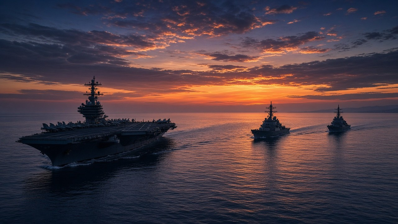 A US aircraft carrier and escort warships steaming through the Persian Gulf at dusk, illustrating a possible Iran strike after midterms