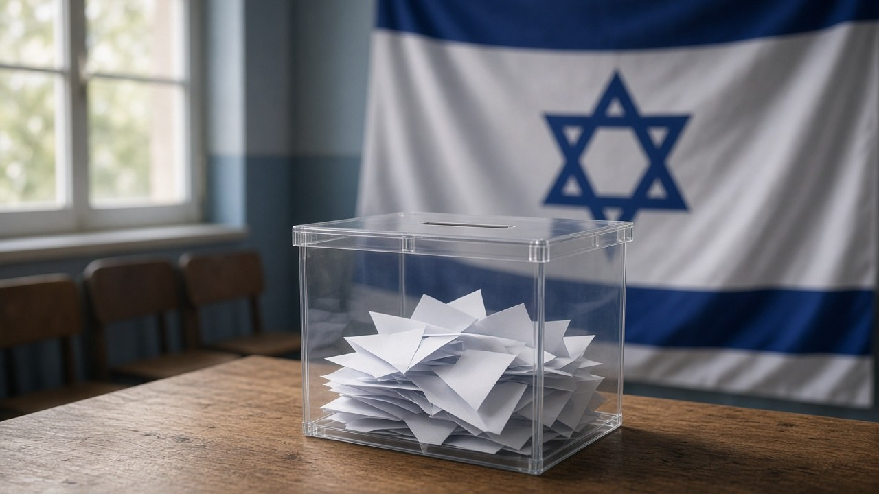 Israel election: a clear ballot box with blank paper ballots beside an Israeli flag in a polling station