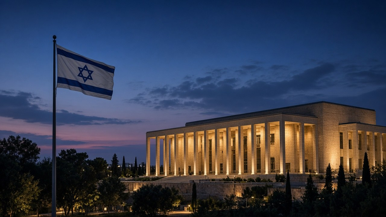 Israel exit polls night: the Knesset building in Jerusalem at dusk with an Israeli flag in the foreground