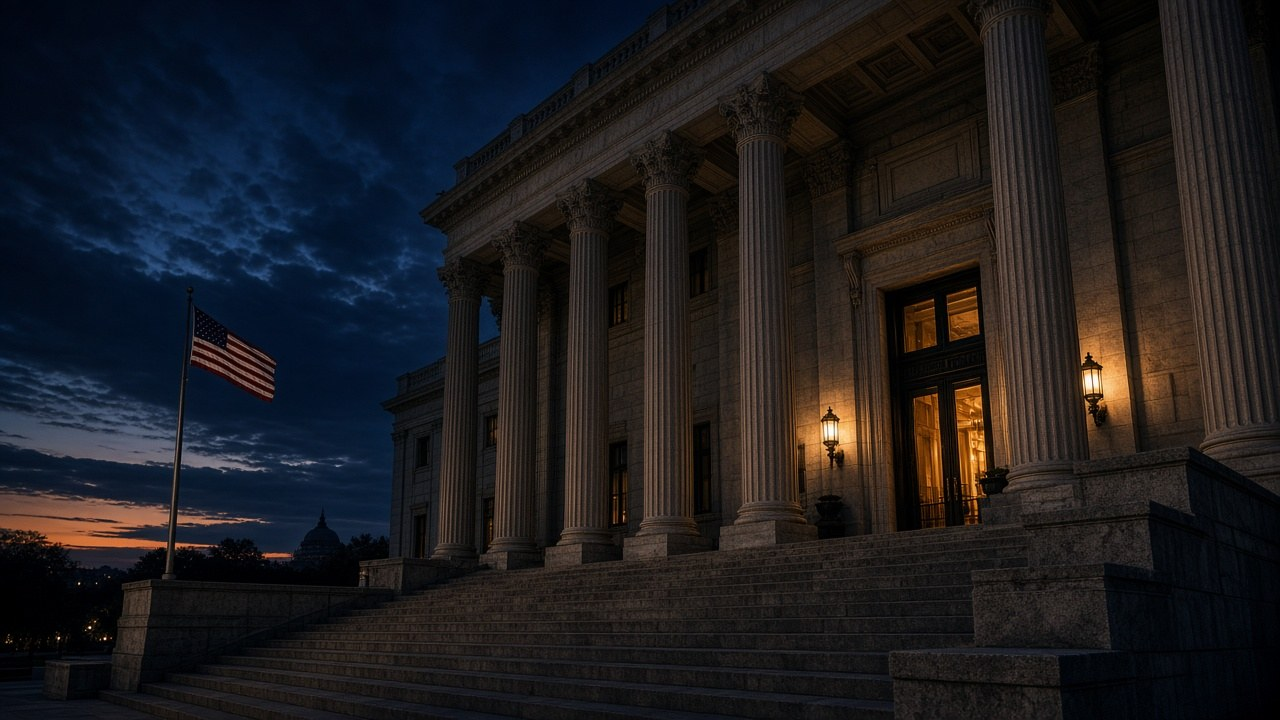 James Comey charged: the steps and columns of a federal courthouse in Washington at dusk under a navy sky, with an American flag