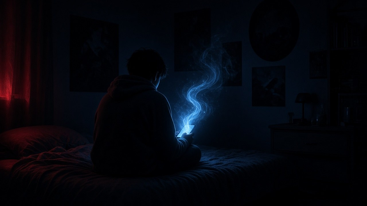 Teenager seen from behind in a dark bedroom at night, lit by a glowing phone screen, illustrating kids and AI chatbots