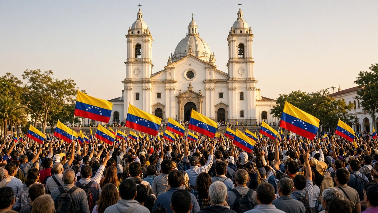 Crowd waving Venezuelan flags outside a white colonial church as Machado returns to Venezuela