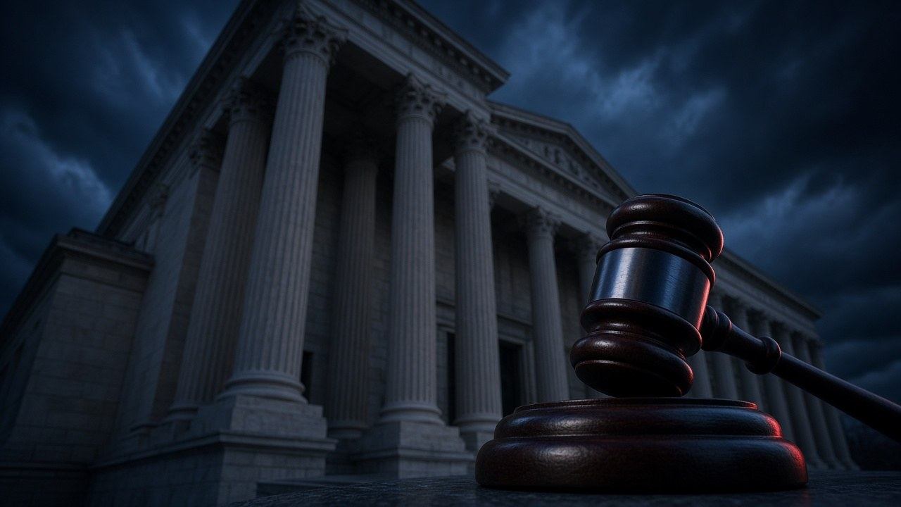 Maurene Comey ruling: stone columns of a federal courthouse under a stormy navy sky with a gavel in the foreground