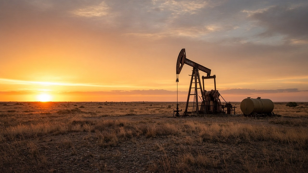 A small oil pumpjack and storage tank on the West Texas prairie at sunset, the kind of marginal well the methane rule rollback targets