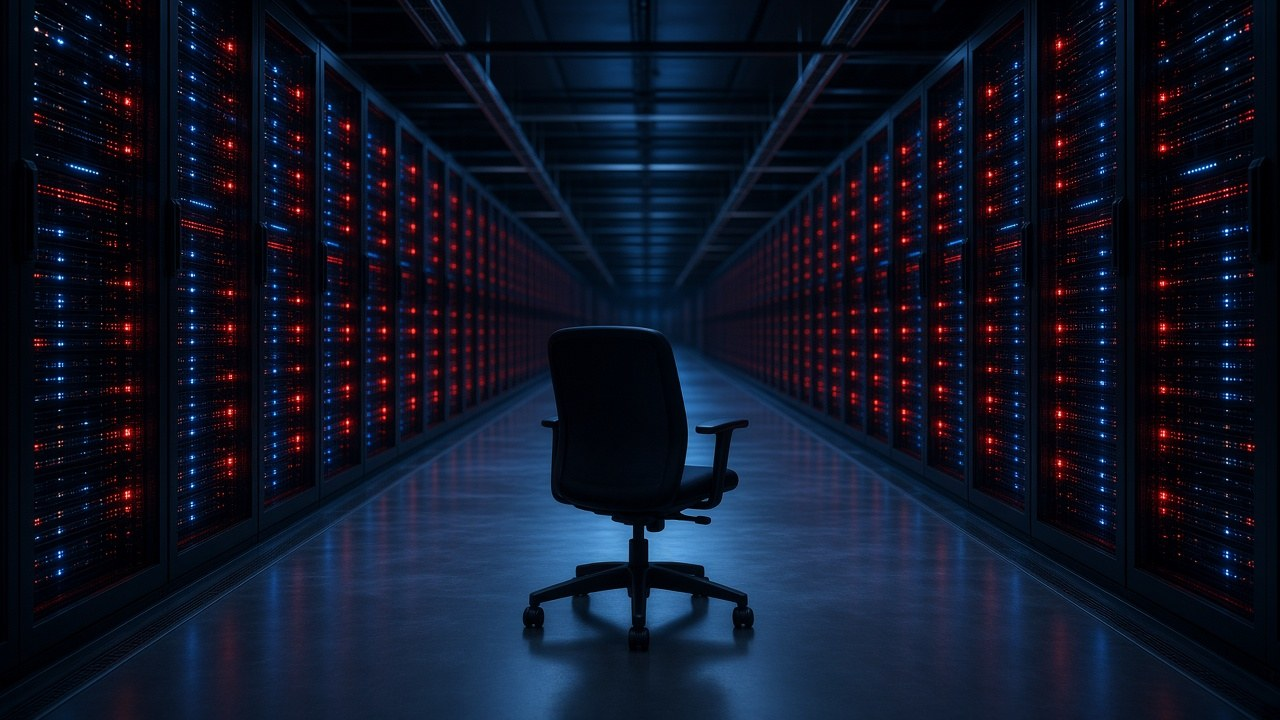 Microsoft buyouts: long rows of glowing server racks inside an AI data center in navy and red light, with an empty office chair in the foreground