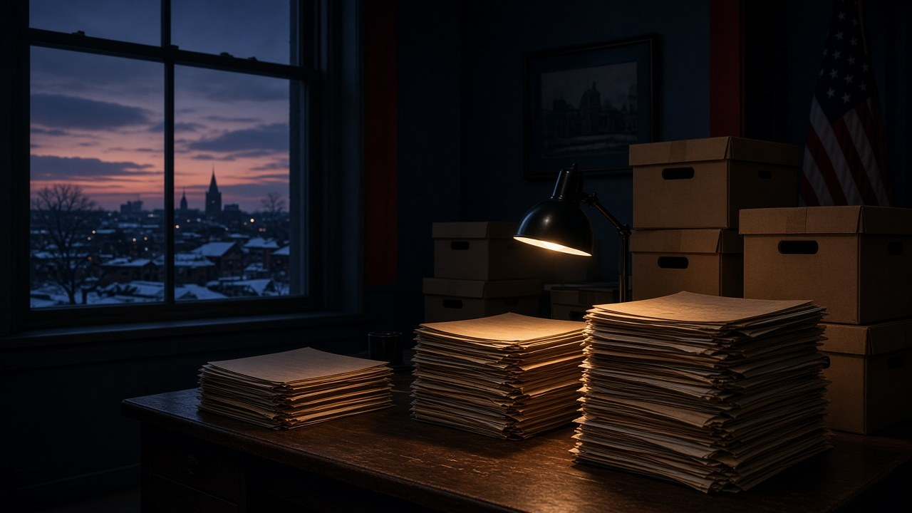 Stacks of case files and evidence boxes on a desk in a dim federal office, illustrating the Minnesota fraud investigation