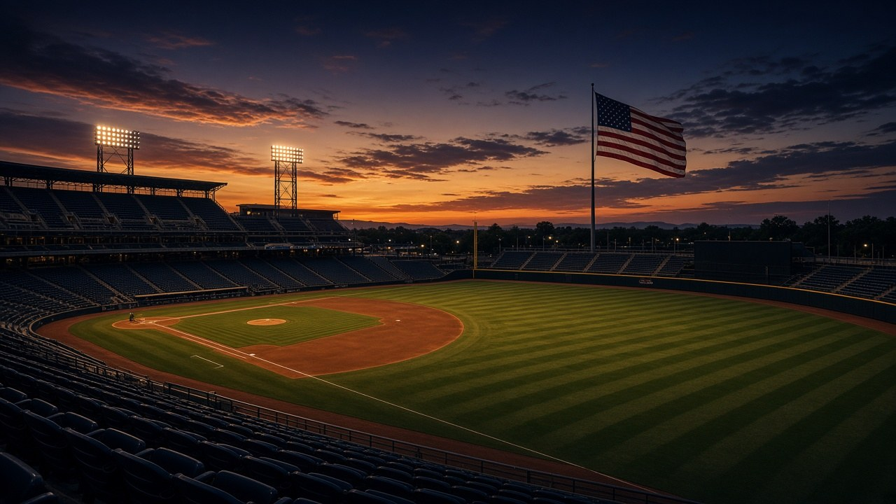 Empty baseball stadium at dusk under an American flag, illustrating the MLB salary cap debate during the World Series