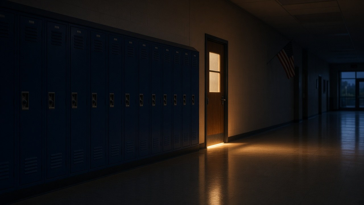 Parental rights in public schools: an empty school hallway with lockers and a closed classroom door at dusk