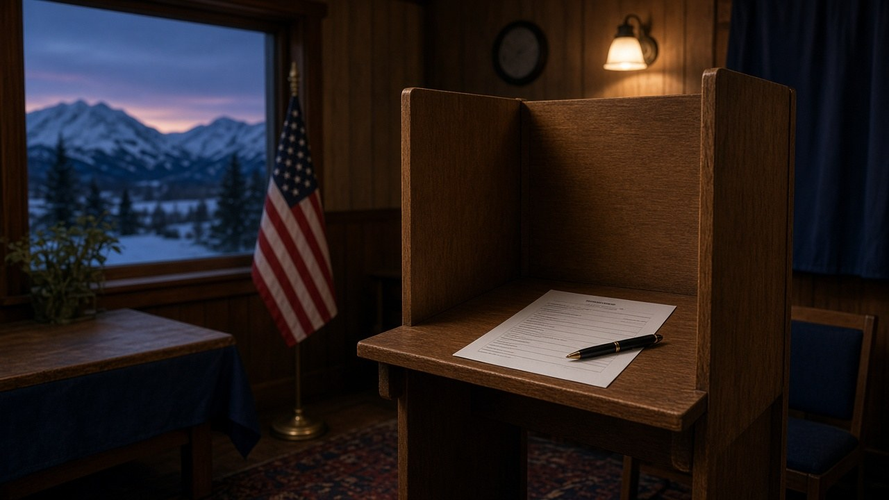 Empty voting booth in an Alaska community hall with a blank ballot and American flag, as the Peltola campaign probe brings DOJ subpoenas