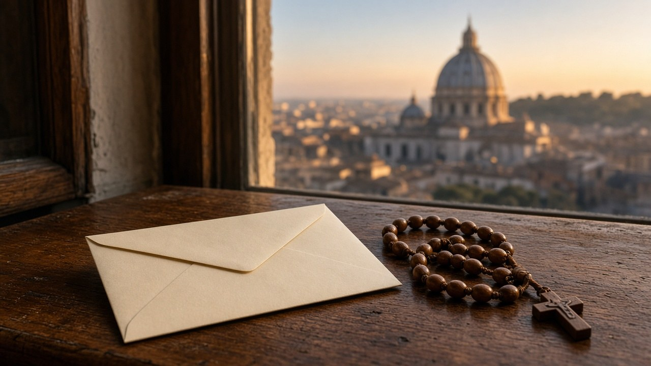 Mail ballot envelope and rosary on a wooden desk with a Roman church dome through the window, illustrating Pope Leo votes by mail