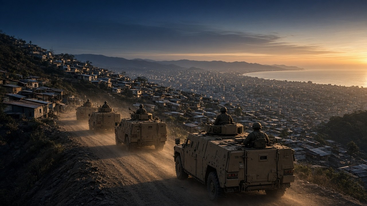 Armored military vehicles on a dusty hillside road above a Caribbean city at dawn, illustrating Salvadoran troops in Haiti