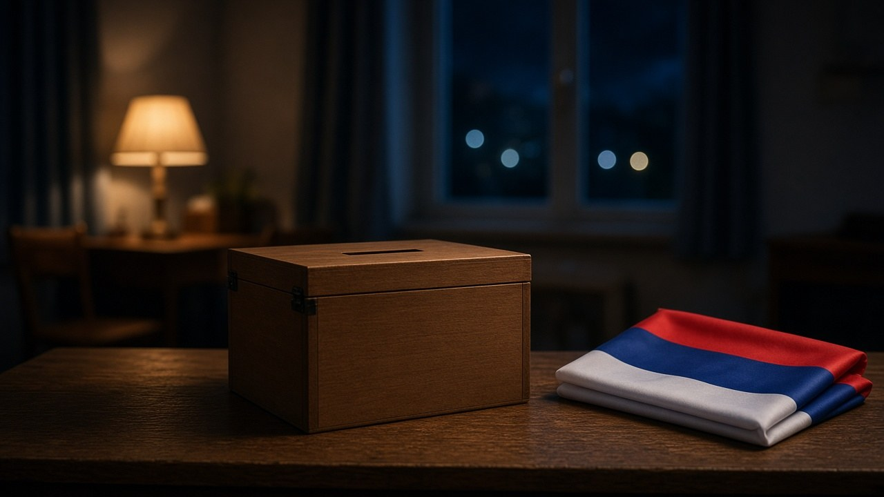 Serbia election: a wooden ballot box beside a folded red, blue and white Serbian flag on a polling-station table at night