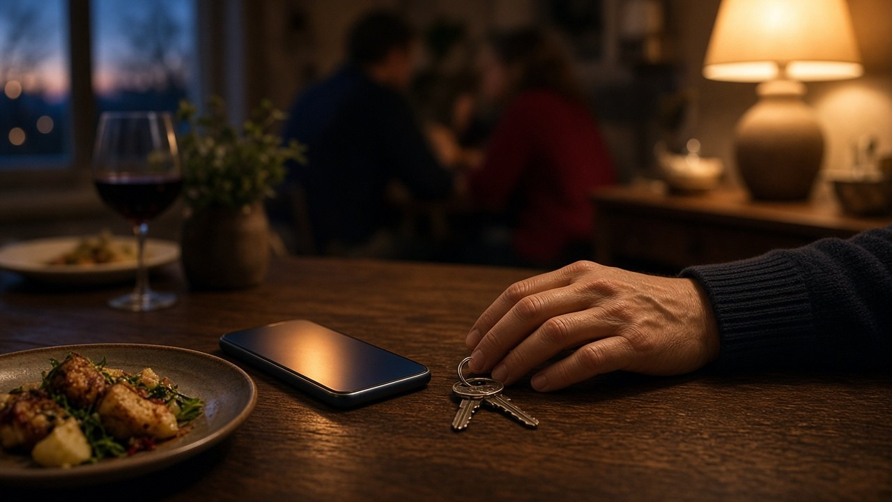 Social media ban for kids concept: a glowing smartphone face down on a family dinner table beside a parent's hand and a set of house keys.