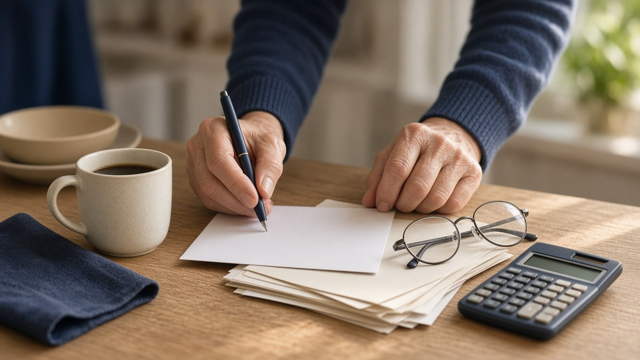 Social Security COLA budgeting: an older person's hands writing at a kitchen table with papers, reading glasses, a calculator and coffee.