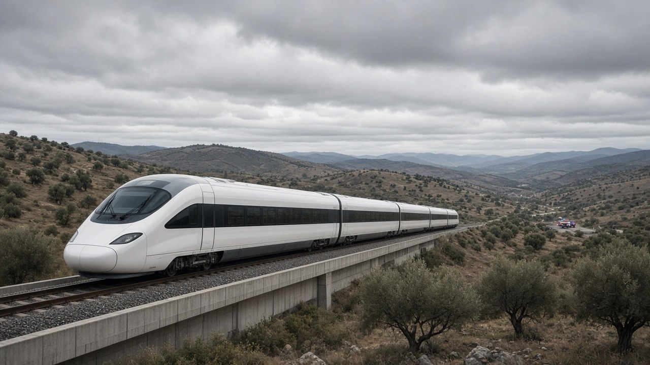 A white high-speed train on an elevated track through Spanish olive country under gray skies, illustrating the Spain train crash