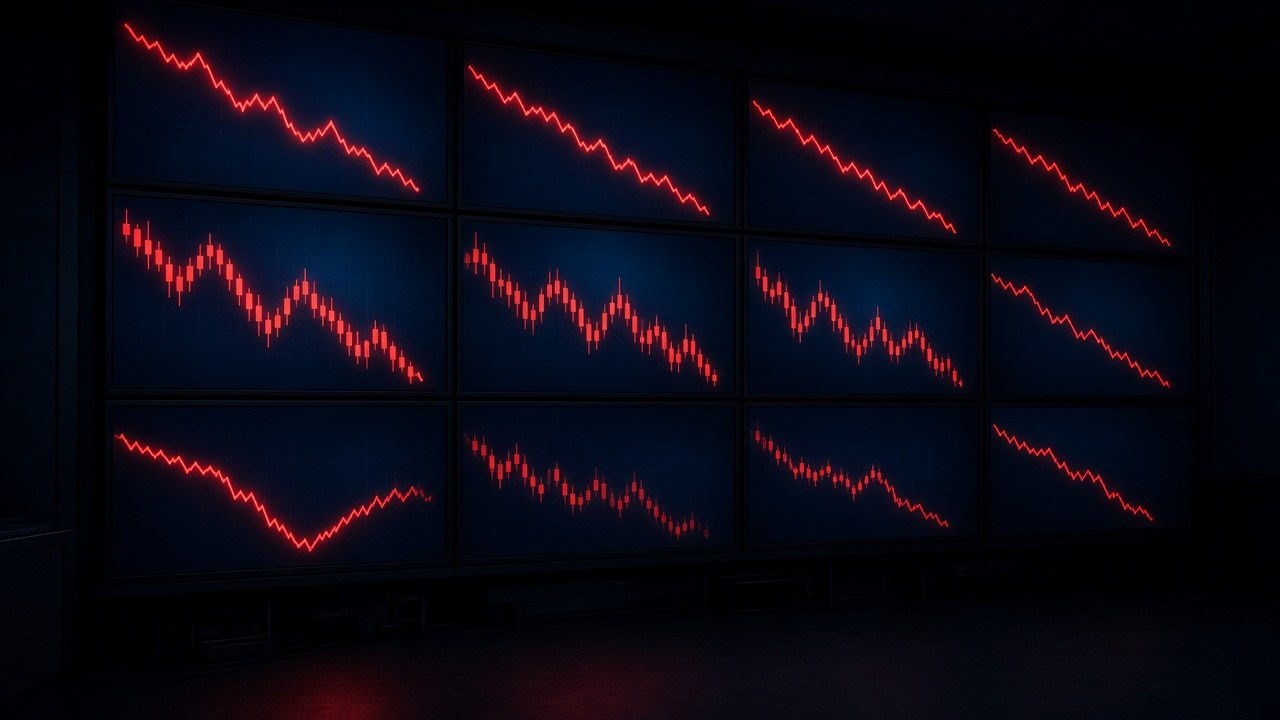 Wall of trading screens glowing red with falling stock charts, illustrating the tech stock sell-off