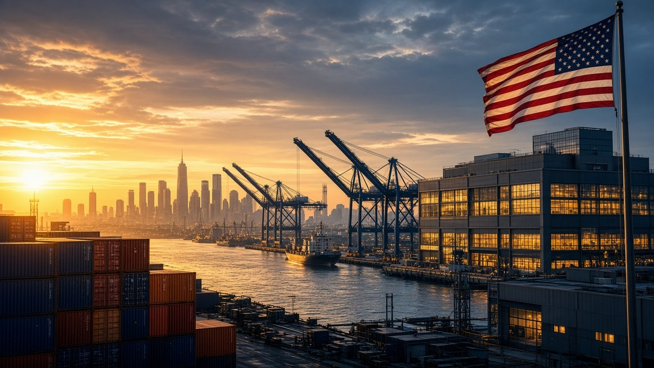 Cargo port with cranes, shipping containers and a lit data center under an American flag, illustrating strong third quarter GDP growth