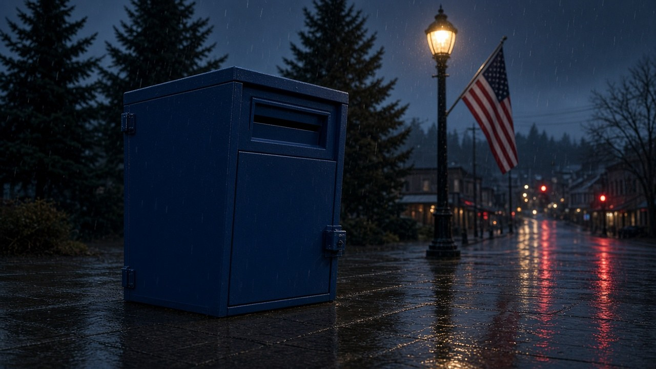 Washington noncitizen voters debate: a metal mail ballot drop box on a rainy Washington street with an American flag at dusk